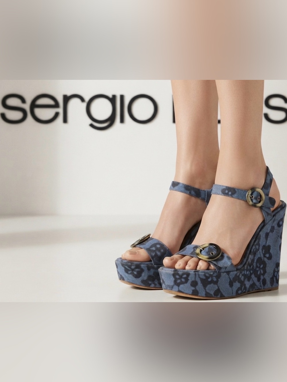 Authentic Sergio Rossi luxury designer denim blue floral canvas wedges sz 6.5
